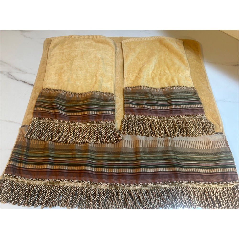 Vintage Croscill Carrington Aqua Cotton Goldโ Fringe Trimmed Bath Towel Set Of 3